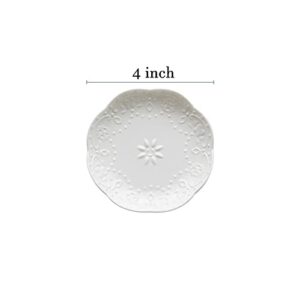 Sizikato 4pcs White Porcelain Appetizer Plate, 4-Inch Sauce Plate, Lace Embossed