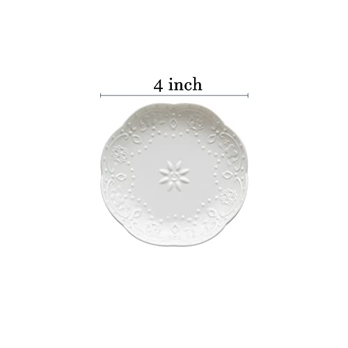 Sizikato 4pcs White Porcelain Appetizer Plate, 4-Inch Sauce Plate, Lace Embossed