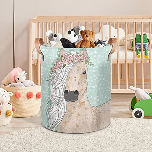 Flower Horse Collapsible Laundry Basket Hamper Portable Waterproof Canvas Clothes Basket Toy Storage Baskets Bin with Durable Leather Handle for Bedroom Clothes Bathroom College Dorm