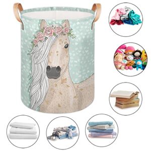 Flower Horse Collapsible Laundry Basket Hamper Portable Waterproof Canvas Clothes Basket Toy Storage Baskets Bin with Durable Leather Handle for Bedroom Clothes Bathroom College Dorm