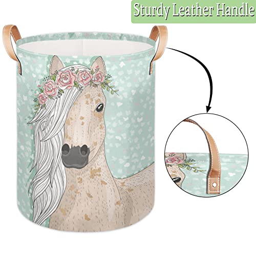 Flower Horse Collapsible Laundry Basket Hamper Portable Waterproof Canvas Clothes Basket Toy Storage Baskets Bin with Durable Leather Handle for Bedroom Clothes Bathroom College Dorm