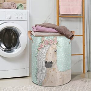 Flower Horse Collapsible Laundry Basket Hamper Portable Waterproof Canvas Clothes Basket Toy Storage Baskets Bin with Durable Leather Handle for Bedroom Clothes Bathroom College Dorm