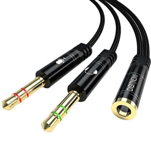 digitnow headphone splitter cable for computer, 3.5mm female to 2 dual male headphone microphone y splitter cable mic audio stereo jack earphones port cord gaming headset to pc laptop adapter black