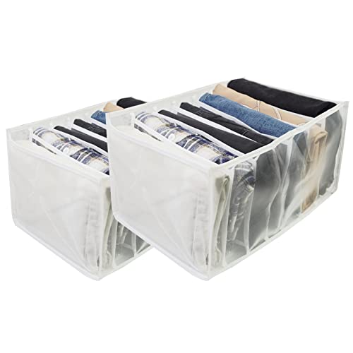 S-SNAIL-OO 7 Grids Washable Wardrobe Clothes Organizer, 2PCS Foldable Visible Grid Storage Box with Multiple Layers, Storage Containers for Scarves, Leggings (Jeans Grid, 2White)