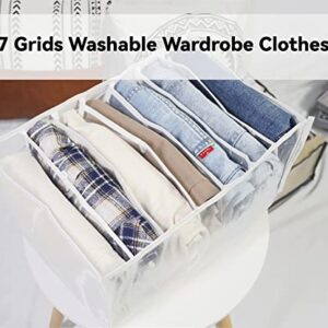 S-SNAIL-OO 7 Grids Washable Wardrobe Clothes Organizer, 2PCS Foldable Visible Grid Storage Box with Multiple Layers, Storage Containers for Scarves, Leggings (Jeans Grid, 2White)