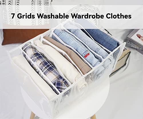 S-SNAIL-OO 7 Grids Washable Wardrobe Clothes Organizer, 2PCS Foldable Visible Grid Storage Box with Multiple Layers, Storage Containers for Scarves, Leggings (Jeans Grid, 2White)