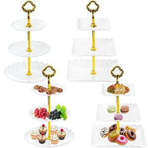 jucoan 4 pack 3-tier cupcake stand, plastic tiered serving tray, white embossed dessert display tower for wedding, birthday baby shower, 2 round, 2 square