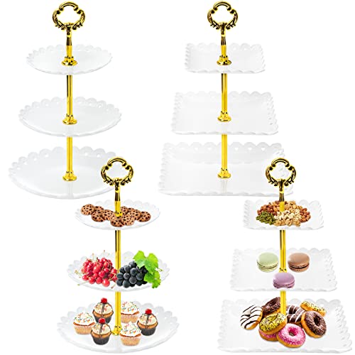 Jucoan 4 Pack 3-Tier Cupcake Stand, Plastic Tiered Serving Tray, White Embossed Dessert Display Tower for Wedding, Birthday Baby Shower, 2 Round, 2 Square