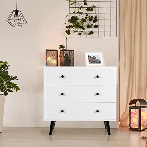 Tangkula 4 Drawer Dresser, Wooden Chest of Drawers, Freestanding Storage Cabinet with Legs & Metal Handles, Modern Storage Drawer for Bedroom, Living Room, Cloakroom, Nursery Room (White)