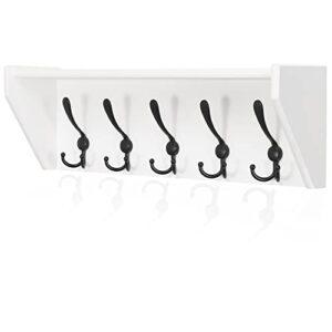 dseap wall shelf with 5 tri hooks, 24" heavy duty coat rack wall mount with shelf, shelf with hooks underneath for entryway, mudroom, kitchen, bathroom, white & black,d02zt24wht1