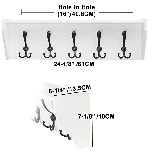 Dseap Wall Shelf with 5 Tri Hooks, 24" Heavy Duty Coat Rack Wall Mount with Shelf, Shelf with Hooks Underneath for Entryway, Mudroom, Kitchen, Bathroom, White & Black,D02ZT24WHT1