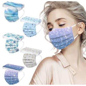 wtosuhe 50pcs adults disposable frozen snowflake face_masks with cartoon designs, 3-ply winter breathable facemasks with nose wire for women man holiday work travel (snow_c) (snow_c)