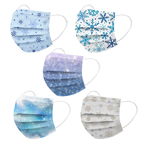 Wtosuhe 50Pcs Adults Disposable Frozen Snowflake Face_Masks with Cartoon Designs, 3-Ply Winter Breathable FaceMasks with Nose Wire for Women Man Holiday Work Travel (Snow_C) (Snow_C)