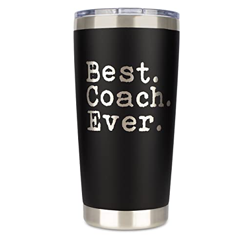 JENVIO Coach Gifts | Best Coach Ever | Stainless Steel Travel Tumbler Coffee Mug with 2 Lids and 2 Straws - Football | Soccer | Tennis Cross Country Appreciation (20 Ounce Black)