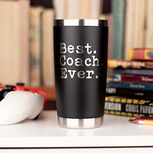 JENVIO Coach Gifts | Best Coach Ever | Stainless Steel Travel Tumbler Coffee Mug with 2 Lids and 2 Straws - Football | Soccer | Tennis Cross Country Appreciation (20 Ounce Black)