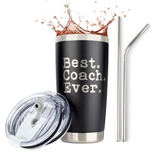 JENVIO Coach Gifts | Best Coach Ever | Stainless Steel Travel Tumbler Coffee Mug with 2 Lids and 2 Straws - Football | Soccer | Tennis Cross Country Appreciation (20 Ounce Black)