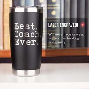 JENVIO Coach Gifts | Best Coach Ever | Stainless Steel Travel Tumbler Coffee Mug with 2 Lids and 2 Straws - Football | Soccer | Tennis Cross Country Appreciation (20 Ounce Black)