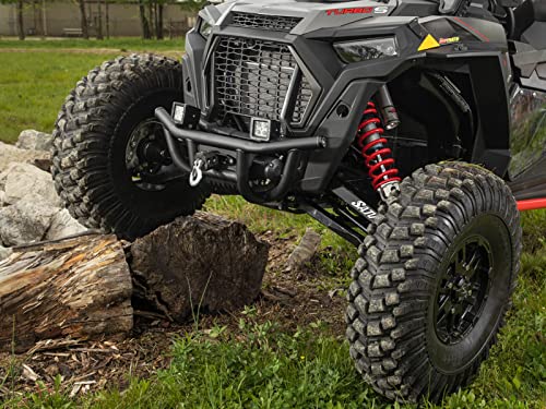 SuperATV Winch-Ready Front Bumper for Polaris RZR XP Turbo S (See Fitment) - Made of Heavy Duty Steel Tubing - 4500 Lb. SuperATV Winch with Synthetic Rope Included - Black, UV Resistant Powder Coating