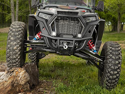 SuperATV Winch-Ready Front Bumper for Polaris RZR XP Turbo S (See Fitment) - Made of Heavy Duty Steel Tubing - 4500 Lb. SuperATV Winch with Synthetic Rope Included - Black, UV Resistant Powder Coating