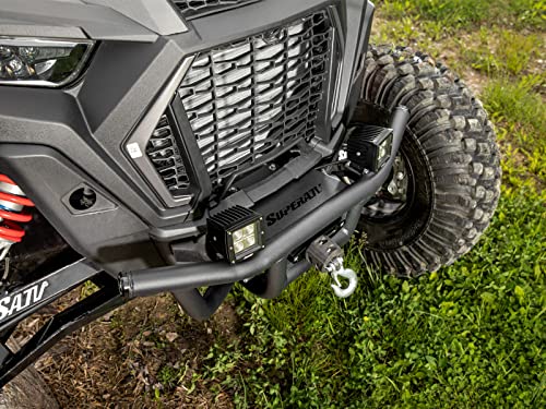 SuperATV Winch-Ready Front Bumper for Polaris RZR XP Turbo S (See Fitment) - Made of Heavy Duty Steel Tubing - 4500 Lb. SuperATV Winch with Synthetic Rope Included - Black, UV Resistant Powder Coating