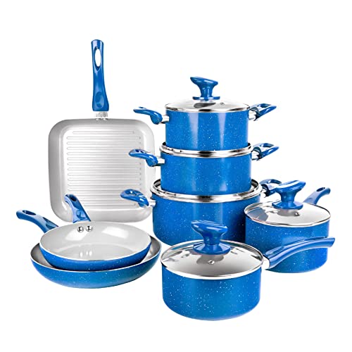 Granitestone Pots and Pans Set Nonstick, 13 Piece Complete Kitchen Cookware Set, Includes Nonstick Pots and Pans Set with lids & Grill Pan, Dishwasher Safe, Healthy and 100% PFOA Free – Blue