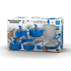 Granitestone Pots and Pans Set Nonstick, 13 Piece Complete Kitchen Cookware Set, Includes Nonstick Pots and Pans Set with lids & Grill Pan, Dishwasher Safe, Healthy and 100% PFOA Free – Blue