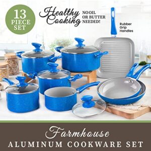 Granitestone Pots and Pans Set Nonstick, 13 Piece Complete Kitchen Cookware Set, Includes Nonstick Pots and Pans Set with lids & Grill Pan, Dishwasher Safe, Healthy and 100% PFOA Free – Blue