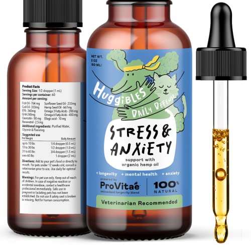 HUGGIBLES Stress & Anxiety Support Liquid Supplement for Dogs & Cats – with Hemp Seed Oil, EPA & DHA – Daily Calming Relief for Pets – Naturally Helps Anxiety & Stress – Antioxidants for Longevity