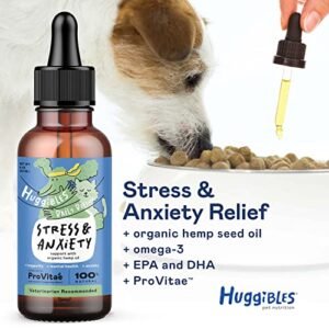 HUGGIBLES Stress & Anxiety Support Liquid Supplement for Dogs & Cats – with Hemp Seed Oil, EPA & DHA – Daily Calming Relief for Pets – Naturally Helps Anxiety & Stress – Antioxidants for Longevity