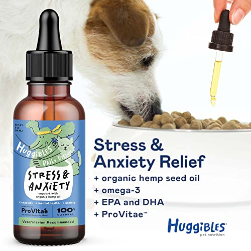 HUGGIBLES Stress & Anxiety Support Liquid Supplement for Dogs & Cats – with Hemp Seed Oil, EPA & DHA – Daily Calming Relief for Pets – Naturally Helps Anxiety & Stress – Antioxidants for Longevity