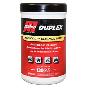 malco duplex heavy duty cleaning wipes for home and auto - dual sided textured, wet wipes/removes grease, tar, paint, oil, dirt/no residue/safe for hands/made in usa (130 wipes)