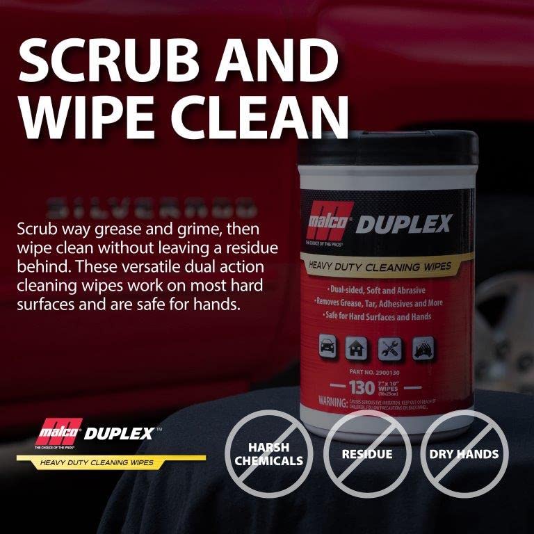 Malco Duplex Heavy Duty Cleaning Wipes for Home and Auto - Dual Sided Textured, Wet Wipes/Removes Grease, Tar, Paint, Oil, Dirt/No Residue/Safe for Hands/Made in USA (130 Wipes)