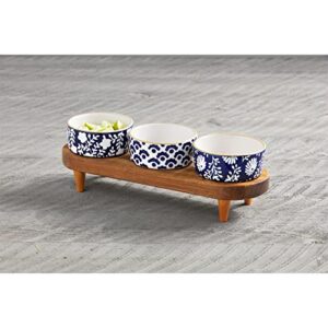 Mud Pie Indigo Dip Bowl Wood Foot Board, Blue, bowl 2" x 4" dia | stand 5" x 16"