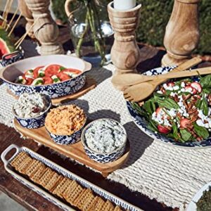 Mud Pie Indigo Dip Bowl Wood Foot Board, Blue, bowl 2" x 4" dia | stand 5" x 16"