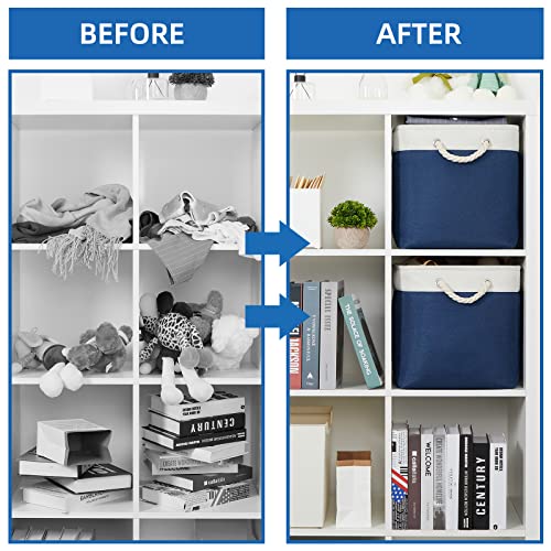 Temary Storage Baskets for Shelves, 2 Pcs Fabric Storage Bins Empty Gift Baskets for Organizing Clothes, Toys, Books, Decorative Basket with Rope Handles (White&Blue,16Lx12Wx12H Inches)