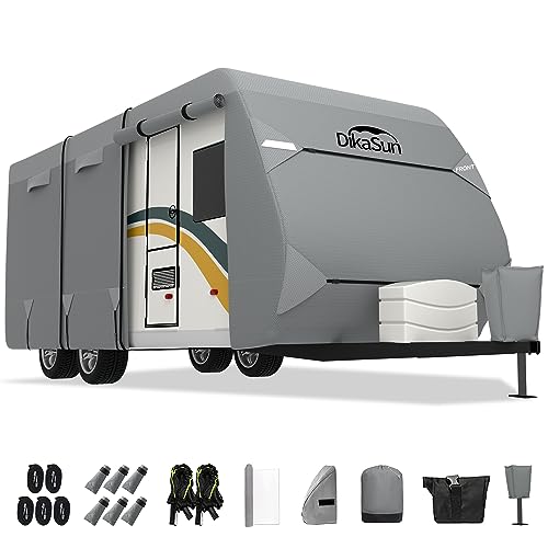 DikaSun Travel Trailer RV Cover, 7-Ply Layers Top 35-38ft Windproof Waterproof UV Protection Ripstop Camper Cover with Tongue Jack Cover, Gutter Covers and Extra Long Straps