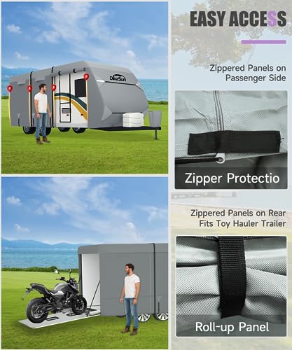 DikaSun Travel Trailer RV Cover, 7-Ply Layers Top 35-38ft Windproof Waterproof UV Protection Ripstop Camper Cover with Tongue Jack Cover, Gutter Covers and Extra Long Straps