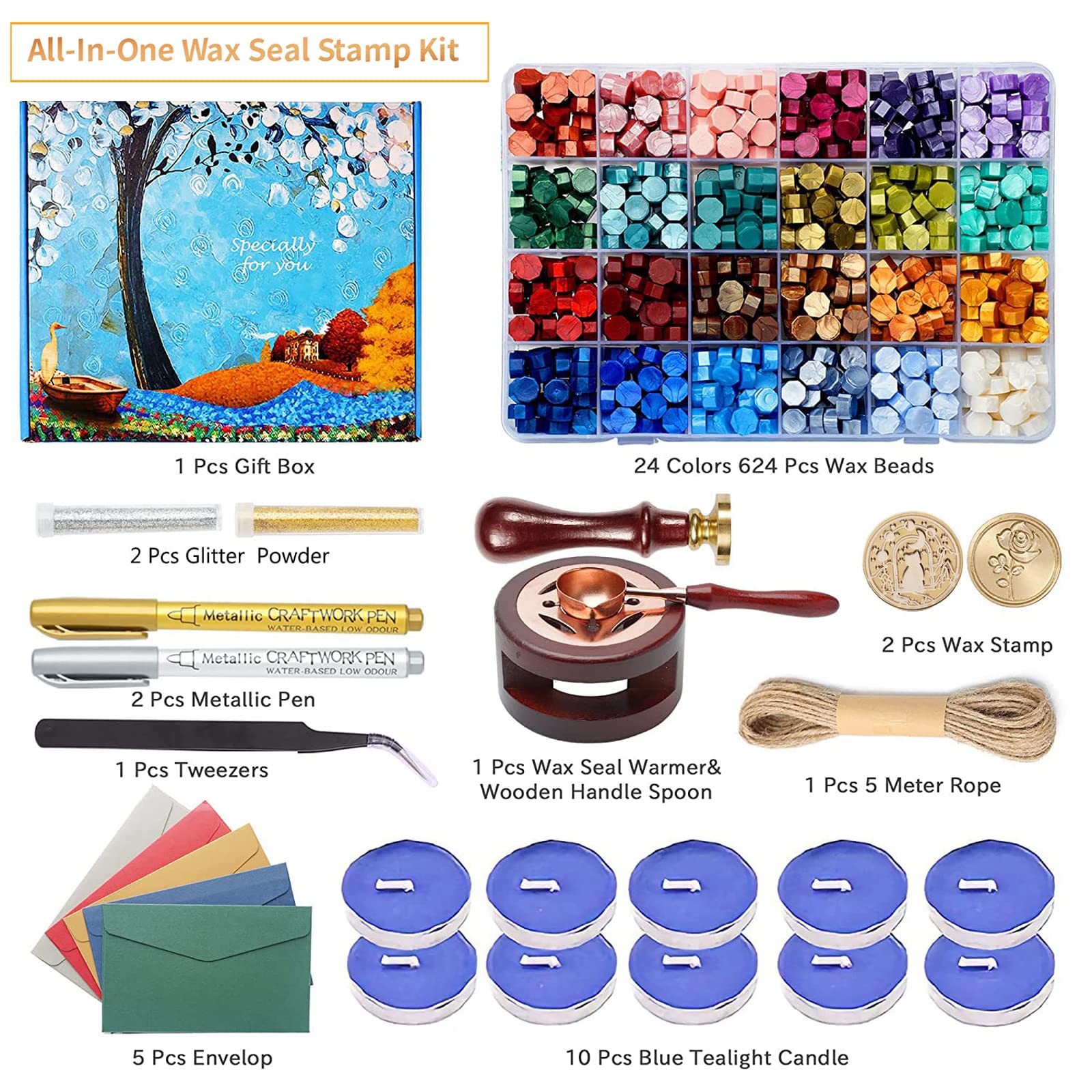 Comealltime Wax Seal Kit with Gift Box, 624 Pcs Wax Seal Beads with 2 Pcs Wax Seal Stamps, Sealing Wax Warmer, Wax Seal Metallic Pen, Envelope, Candles, Wax Seal Stamp Kit for Gift and Craft