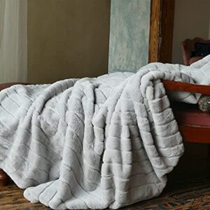 Luxury Striped Faux Fur Throw Blanket 60 x 80 for Couch Sofa Bed in Classic Gray, Lightweight, Soft & Cozy