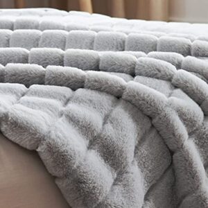 Luxury Striped Faux Fur Throw Blanket 60 x 80 for Couch Sofa Bed in Classic Gray, Lightweight, Soft & Cozy