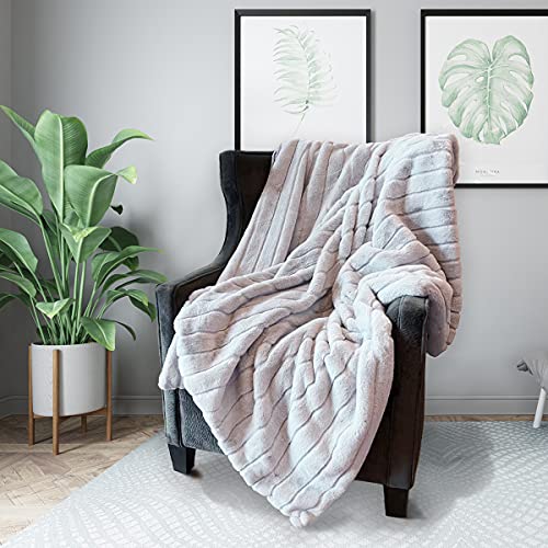 Luxury Striped Faux Fur Throw Blanket 60 x 80 for Couch Sofa Bed in Classic Gray, Lightweight, Soft & Cozy