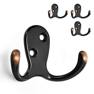 homotek 4 pack heavy duty coat hooks wall mounted double prong(left and right) rustproof coat hooks hardware retro dual robe hanger for coat,towel, scarf, hat, bag, key, shoes, oil rubbed bronze