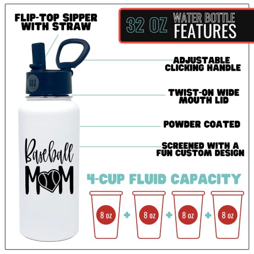 Brooke & Jess Designs Baseball Mom Tumbler Gifts - Large Insulated Water Bottle with Straw - Stainless Steel Metal 32 oz Travel Cup for Mom, Mama, Mother, Wife, Women | Keeps Hot and Cold for Hours