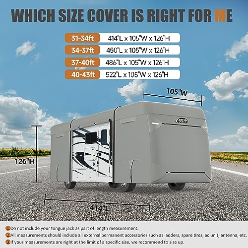 DikaSun RV Cover Class A 2022 Upgraded 6 Layers Heavy Duty Anti-UV Waterproof Windproof Breathable Class A Motorhome Camper Cover for 34-37ft with 2Pcs Extra Straps & 6 Gutter Covers