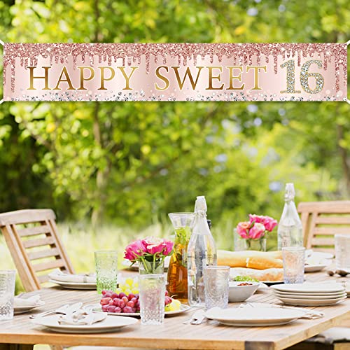 Sweet 16th Birthday Banner Decorations for Girls, Pink Rose Gold Happy Sweet 16 Birthday Sign Party Supplies, Large Sweet Sixteen Year Old Birthday Decor for Outdoor Indoor (9.8x1.6ft)