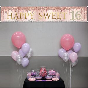 Sweet 16th Birthday Banner Decorations for Girls, Pink Rose Gold Happy Sweet 16 Birthday Sign Party Supplies, Large Sweet Sixteen Year Old Birthday Decor for Outdoor Indoor (9.8x1.6ft)