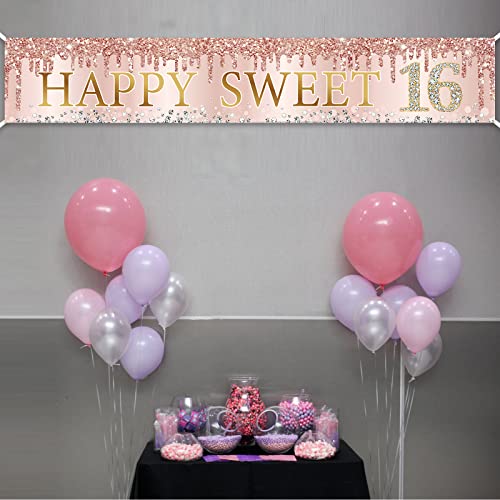 Sweet 16th Birthday Banner Decorations for Girls, Pink Rose Gold Happy Sweet 16 Birthday Sign Party Supplies, Large Sweet Sixteen Year Old Birthday Decor for Outdoor Indoor (9.8x1.6ft)