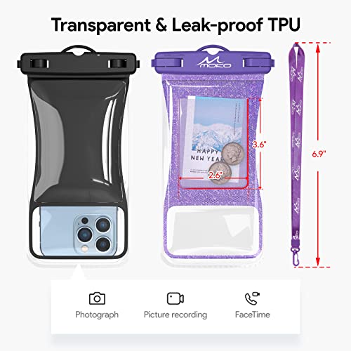 MoKo Waterproof Phone Pouch Holder 2Pack, Floating Case Dry Bag with Lanyard Compatible with iPhone 14 13 12 11 Pro Max X/Xr/Xs/SE3, Galaxy S21 Ultra/S9/Note 10+/20 Ultra, Black + Glitter Purple