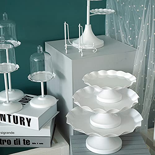 Set of 3 Pcs Wave Rim Cake Stands Iron Cake Holder Dessert Display Plate Serving Tray for Baby Shower Wedding Birthday Party (White)