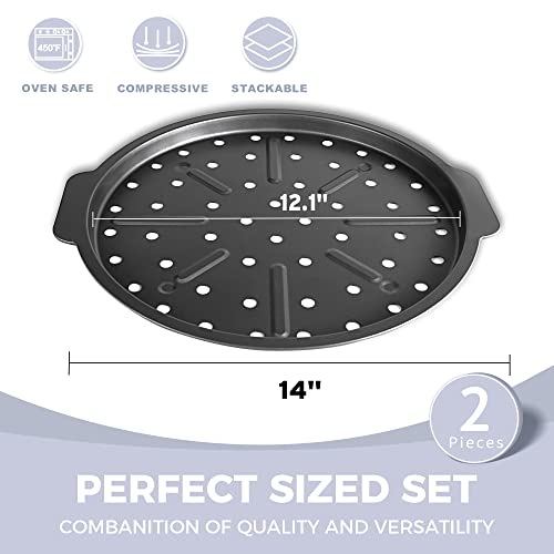 HONGBAKE 2 Pack Pizza Pan with Holes 12 Inch, Nonstick Pizza Tray for Oven with Widen Handles, Hot Air Pizza Crisper Tin, Round Baking Sheet for Frozen & Homemade Pizza, Grey